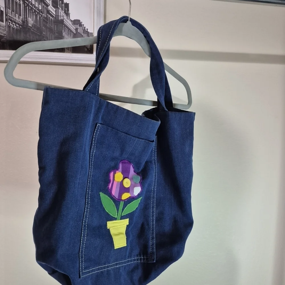 Chic Denim Tote with Floral Patch